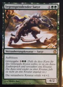 Segenspendender Satyr / Boon Satyr aus Theros. 3 Mana. 4/2 Kreatur. Kann als Verzauberung ausgespielt werden.